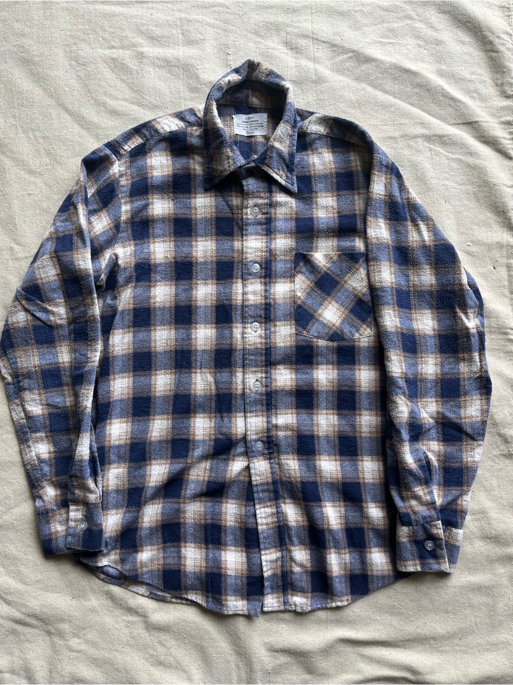 Vintage Sears Perma-Prest Flannel Shirt Medium Blue Brown Plaid